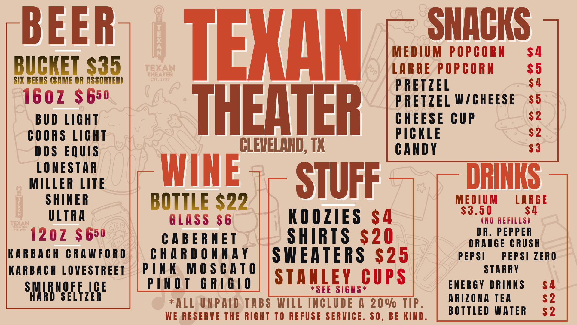 Texan Theater Bar & Snack Menu